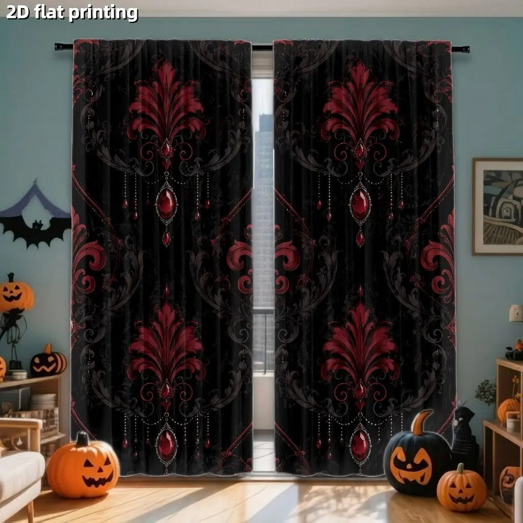 2Pcs Gothic Damask Red Gem Curtains, Vintage Baroque Style, Luxury Elegant Home Decor, Black Pattern for Living Room Bedroom Hotel Restaurant, Light Filtering Privacy Protection