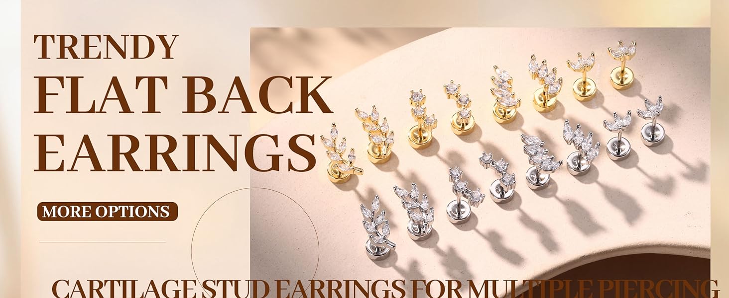 ZELORES 1 Pair Flat Back Earrings for Women Sterling Silver Post Stud Earrings Cartilage Tragus Helix Piercing Jewelry Earring for Multiple Piercing Dainty 18K Gold Plated Flatback Stud Earrings