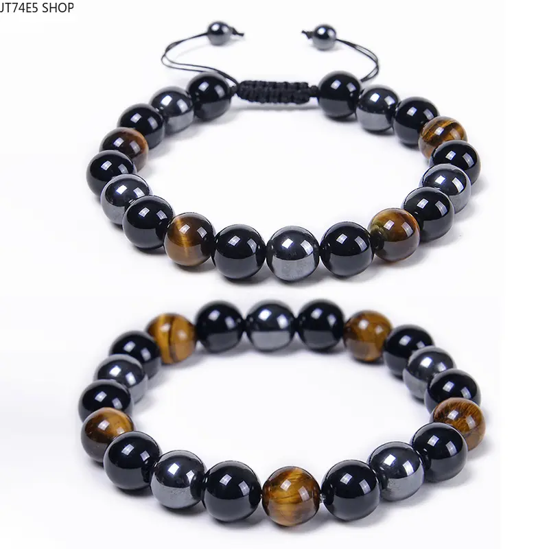 8/10mm Black Magnet Agate & Tiger Eye Beaded Bracelet for Men Women, Energy Yoga Woven Bead Jewelry