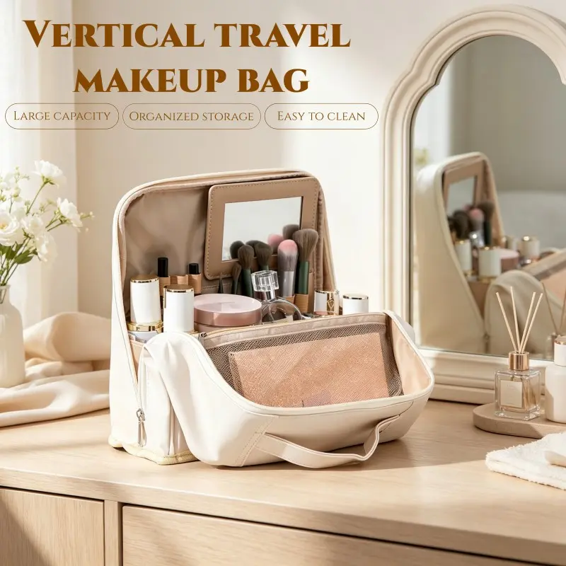 Luxury PU Leather Cosmetic Bag with Mirror, Large Capacity Waterproof Travel Kit, Nordic Style Portable Skincare Organizer for Women
