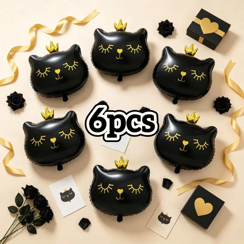 6-Pack Cat Crown Balloons, Crowns, Heart Dots, Durable Polyester Film, Kids Birthday, Pet Party, Halloween, Wedding Decor