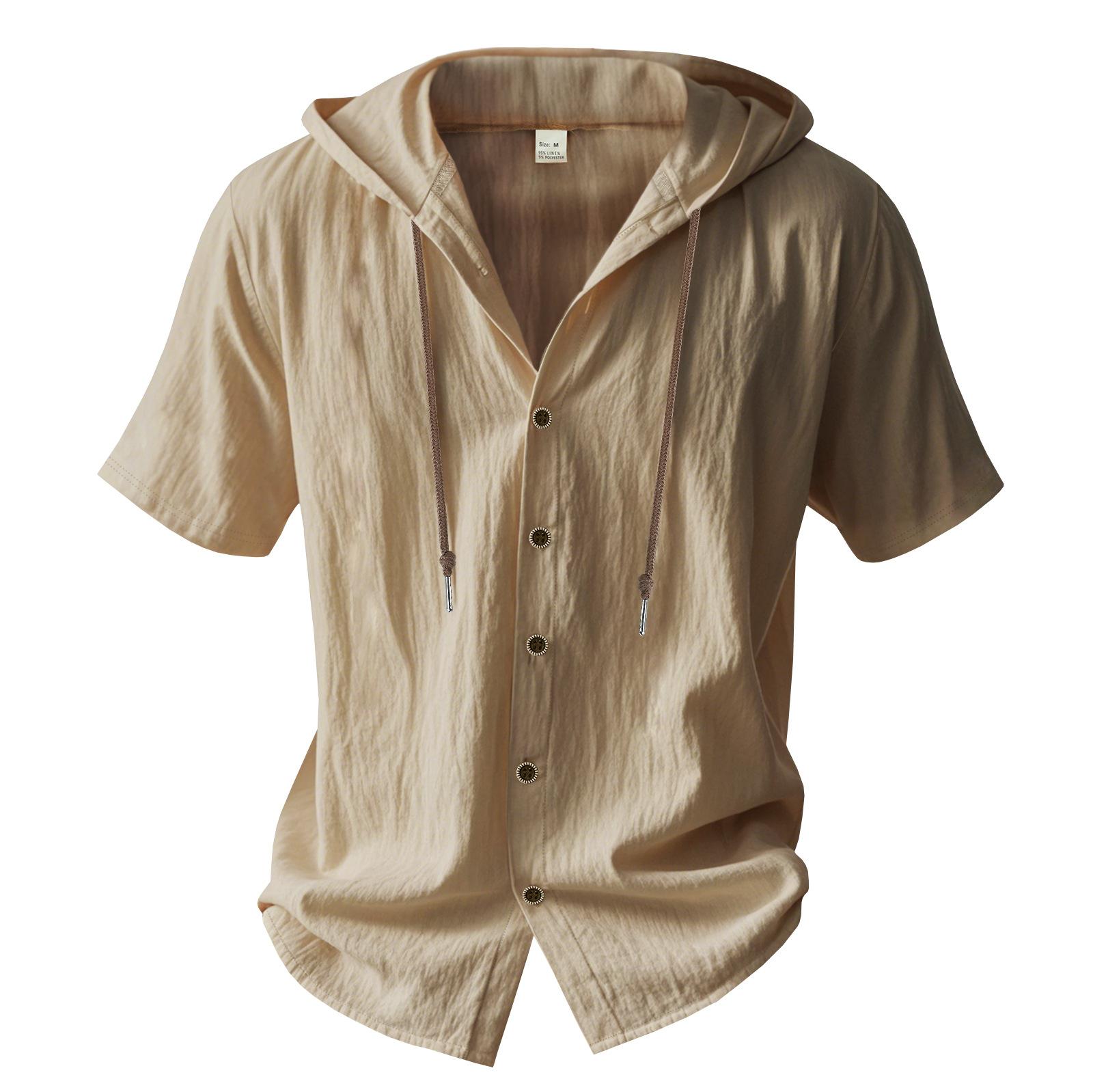 American-style Summer Lightweight Breathable Linen Amekaji Loose-fitting Hooded Men's Short-sleeve Shirt 95% Linen 5% Polyester Casual Menswear