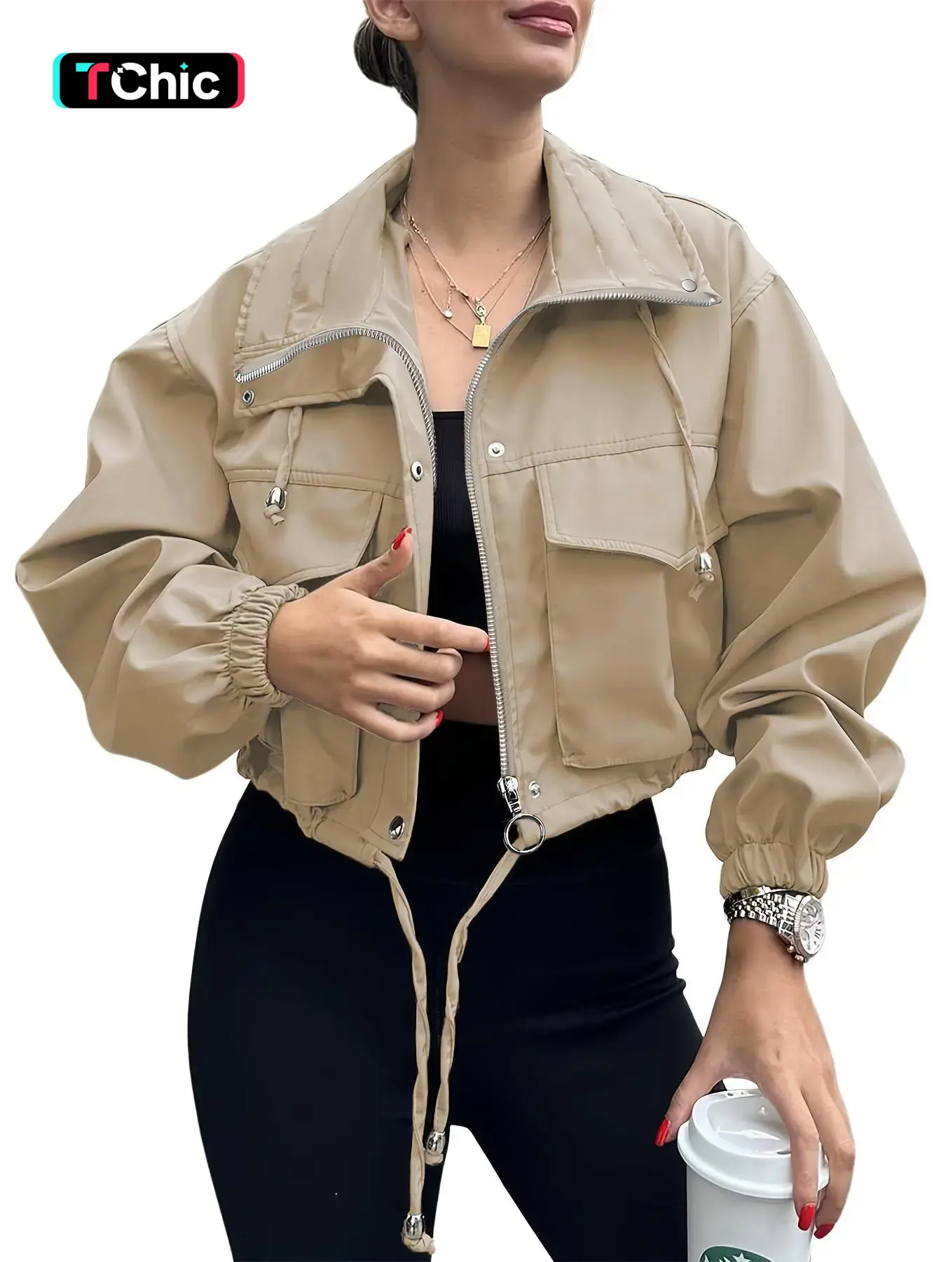 Women's Solid Zip Up Adjustable Drawstring Hem Crop Jacket, Casual Long Sleeve Collared Outerwear for Spring & Fall, Ladies Clothes for Daily Wear