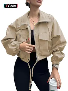 Women's Solid Zip Up Drawstring Hem Jacket, Casual Long Sleeve Collared Outerwear for Spring & Fall, Ladies Clothes for Daily Wear