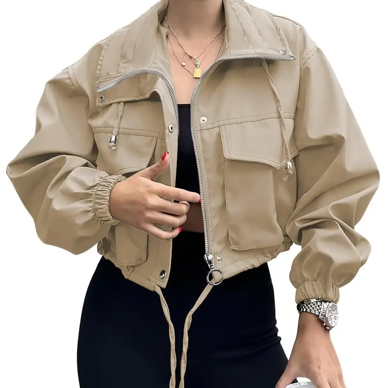 Women's Solid Zip Up Button Adjustable Drawstring Hem Crop Jacket with Pockets, Casual Long Sleeve Collared Outerwear for Spring & Fall, Ladies Clothes for Daily Wear