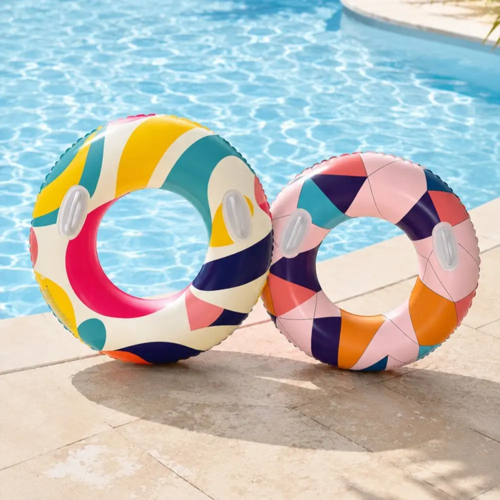 Inflatable Swim Ring With Anti Slip Hand Grips Geometric Color Block Print PVC Water Float Tube, Adult Swimming Float For Pool Beach Vacation Summer Water Entertainment Inflatable Circle