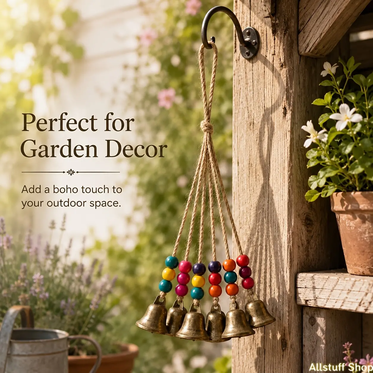 Handmade Set Rustic Boho Wind Chime with 6 Bronze Bells, 18 Colorful Wood Beads, Outdoor Decor for Garden Patio, DIY Bag Accessory & Home Decoration