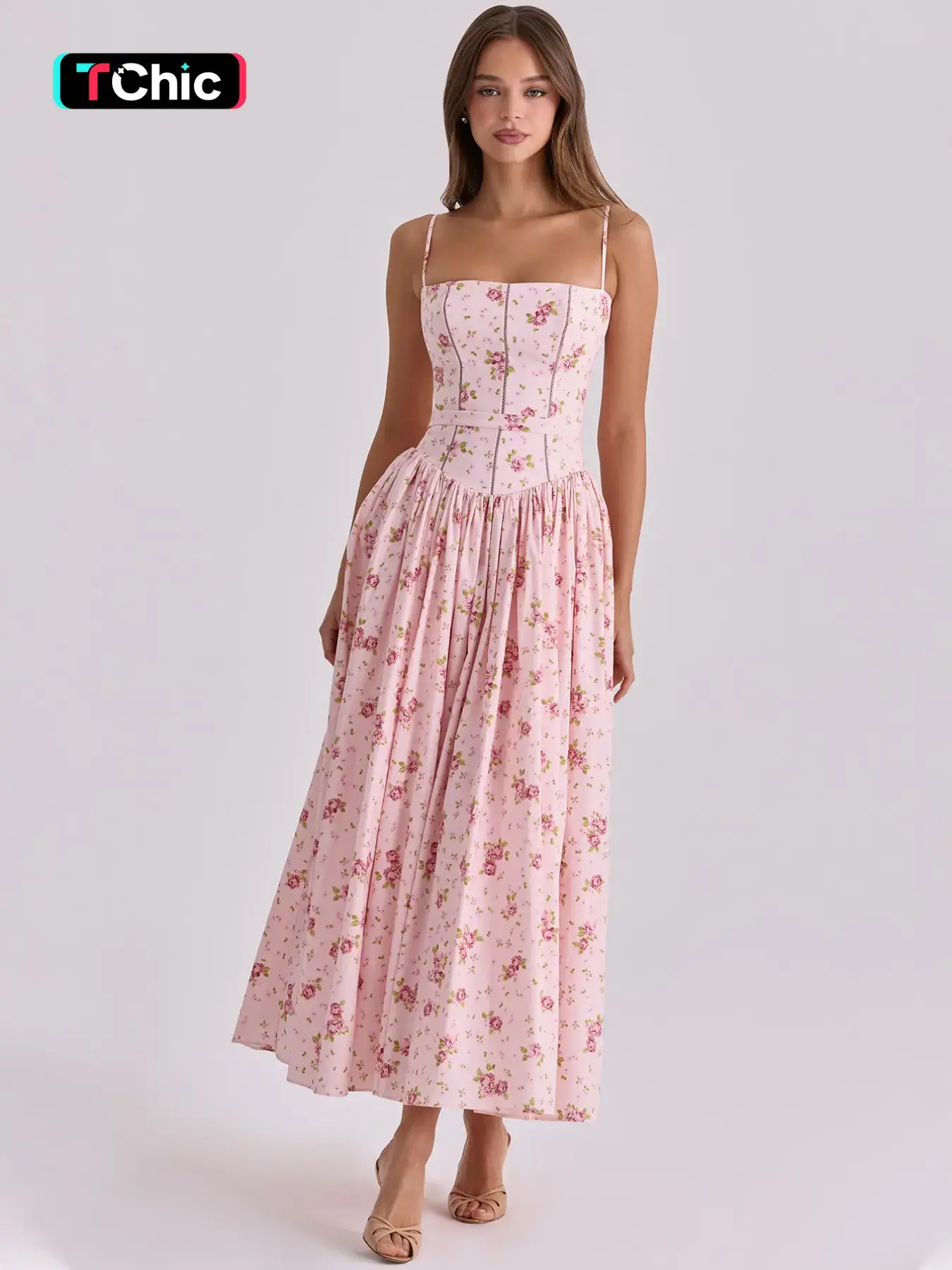 Women's Boho Ditsy Floral Print Ruched Spaghetti Strap Sleeveless Backless Bodycon Slip Dress, All Over Printed Pleated A-line Dress, Party Club Date Holiday Beach Vacation Daily Casual Long Dresses For Ladies All Seasons Summer Fashion Wear