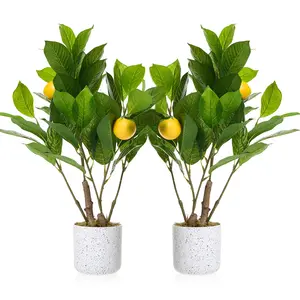 Garvee Pack of 2 Artificial Violin Leaf Fig Trees in White Marble Look Pots with Cement Moss Base, Ideal for Home and Office Decor, Durable and Elegant Artificial Plants