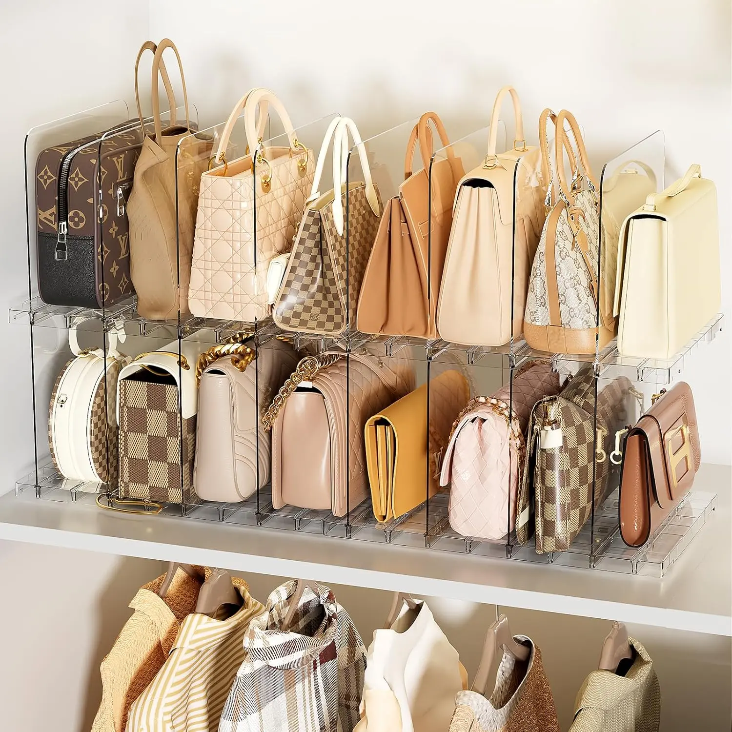 Stackable Bag & Purse Organizer for Closet Shelf Acrylic Shelf Dividers for Closet Organization, Clear Handbag Purse Storage Organizer Divider, Keep Clutch, Wallet, Pocketbook Upright, 4 Pack