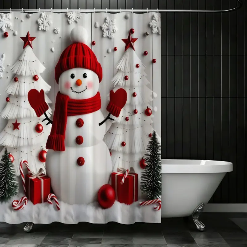 1/4pcs Christmas Theme Bath Curtain Set Shower Curtain Set with Snowman and Christmas Tree, Holiday Bathroom Decor, Includes Hooks, Perfect for Bathroom Decoration, Decorative Shower Curtain