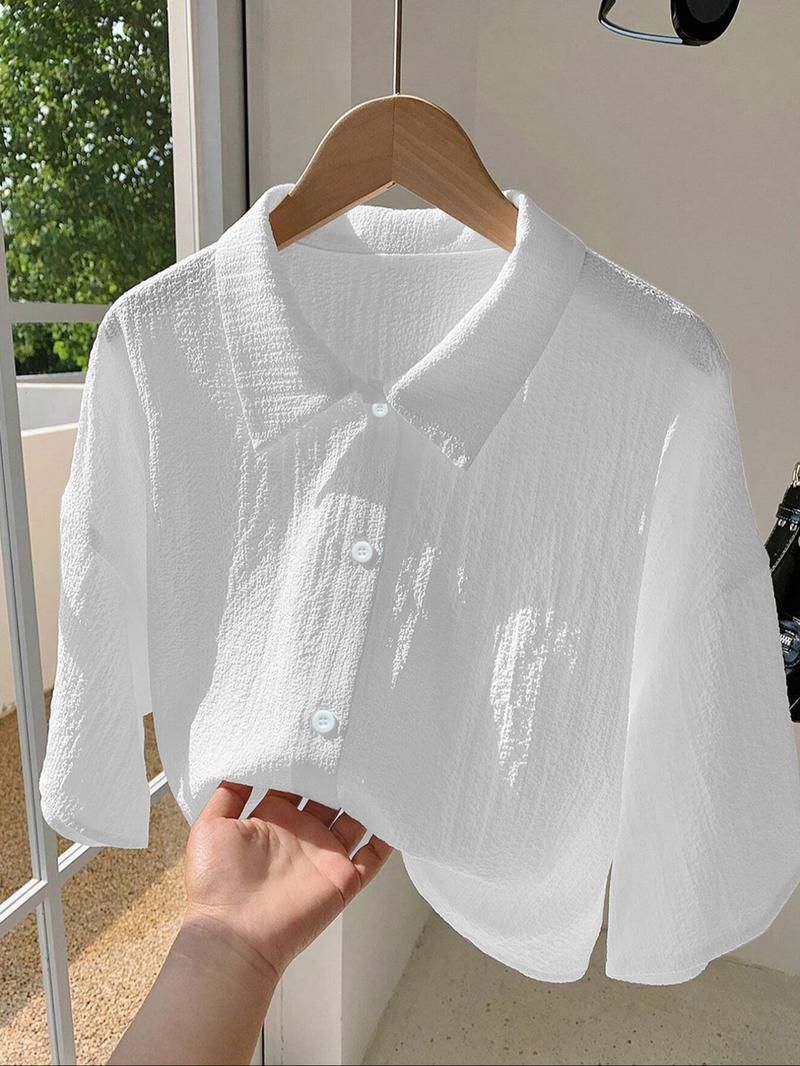 Women's Solid Color Shirt, Casual Button Front Top for Summer, Women's Clothing for Daily Wear