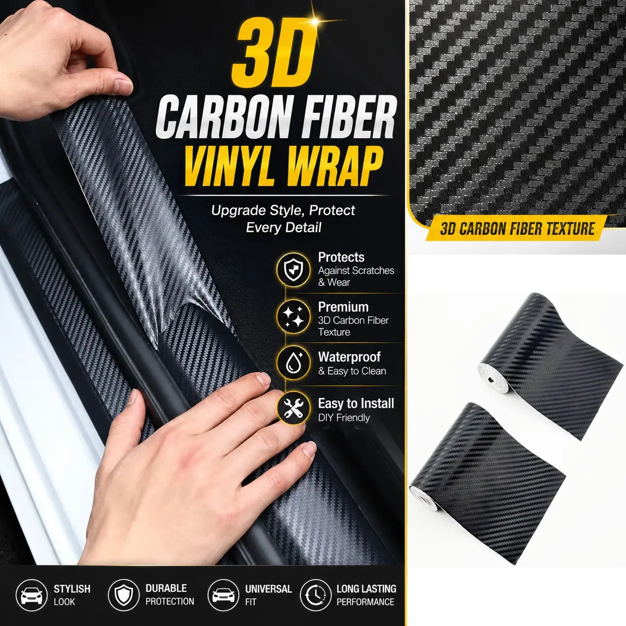 3D Carbon Fiber Car Wrap Film - Scratch-Resistant UV Protection, Waterproof, DIY Easy Apply, Multi-Size for Car SUV Truck - Body Color Change, BC/A/C Pillar Decals & Roof Wrap Exterior Upgrade Kit