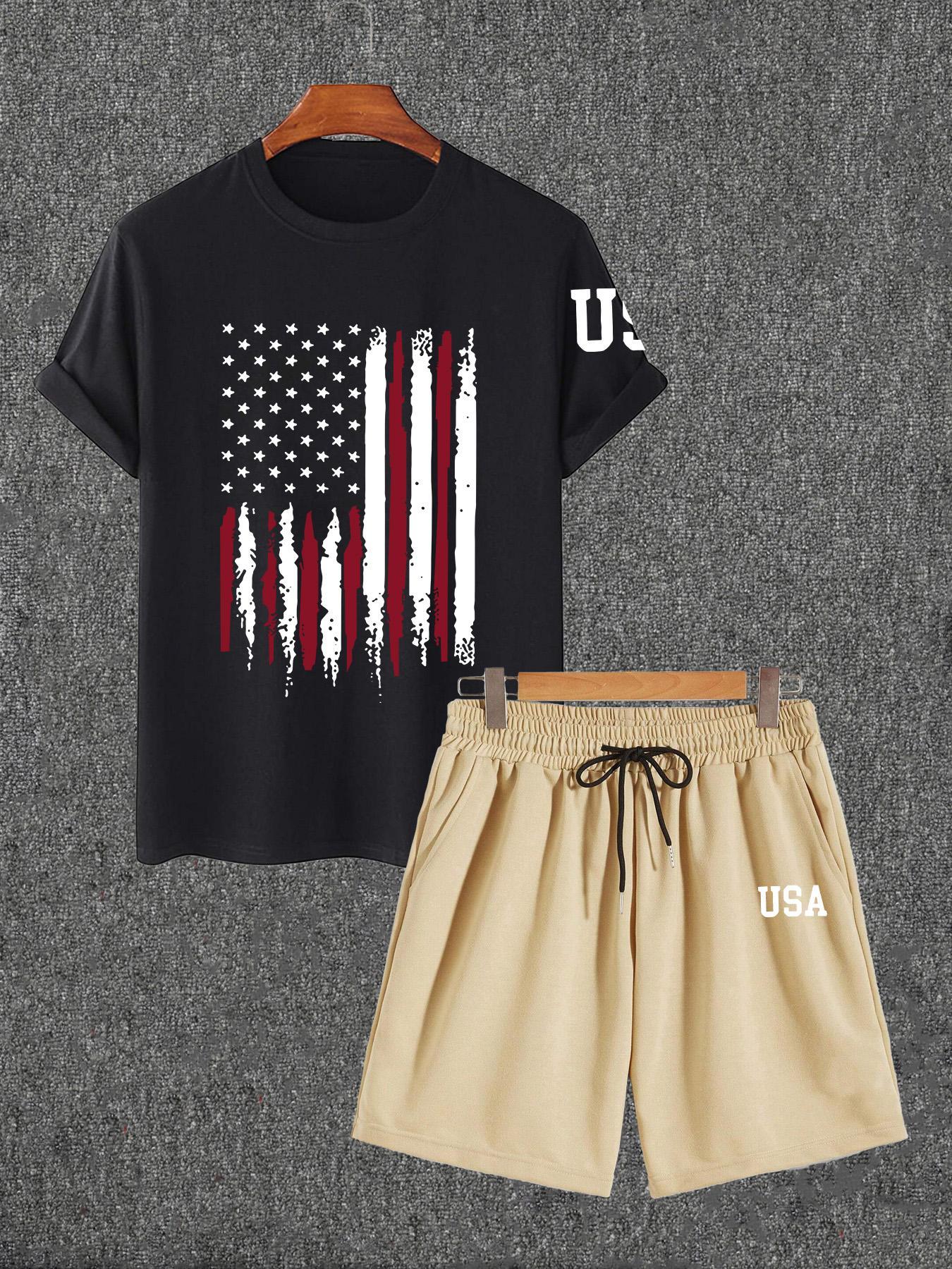 Two-piece Set Men's Flag Graphic Fitted Sleep Tee & Letter Print Elastic Drawstring Pocket Shorts Pajama Set, Comfy Men's Sleepwear & Loungewear Set for All Seasons