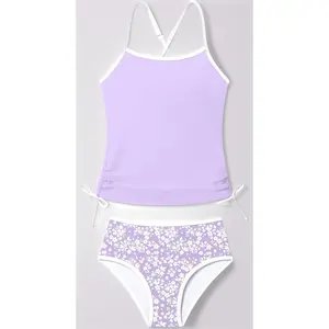 Girls' 2-Piece Cross-Back Tankini Swimsuit with Contrast Trim & Drawstring for Teens 9-16Y
