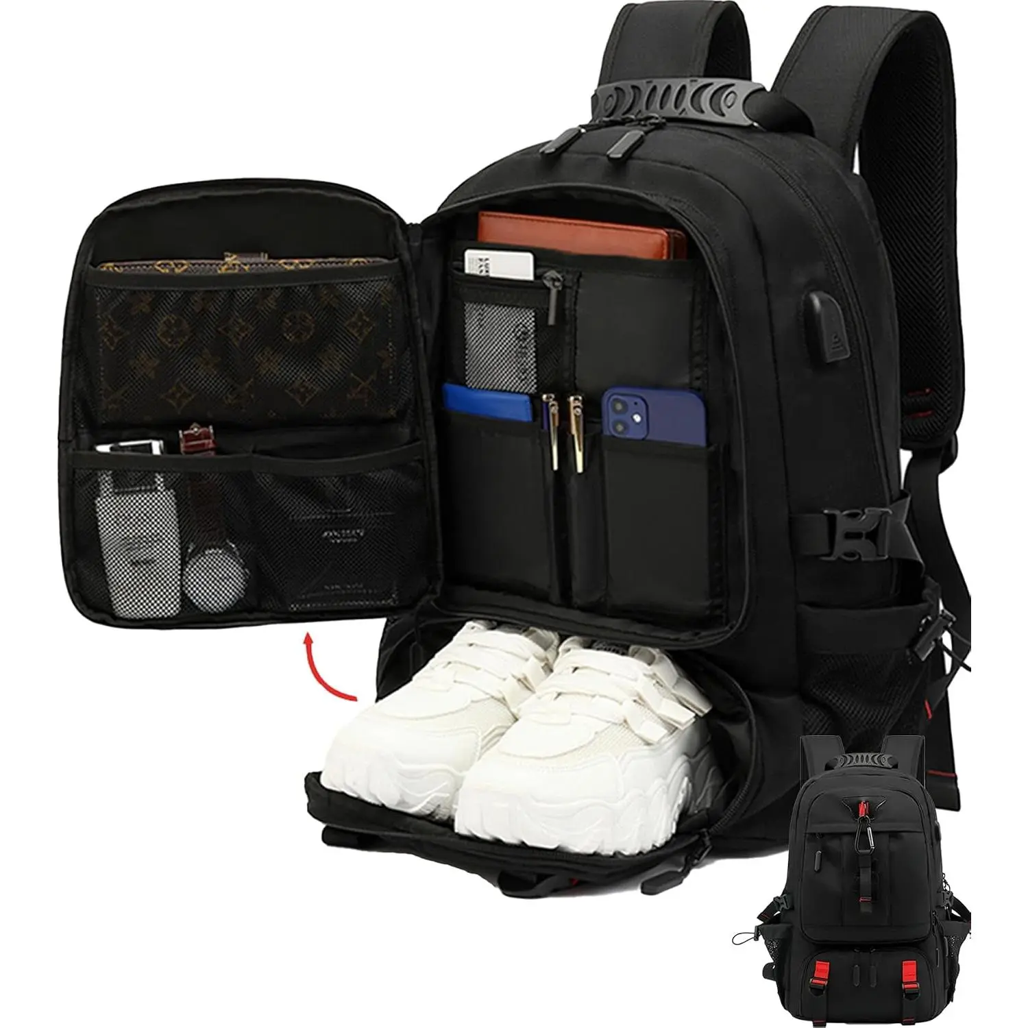 Large Laptop Backpack with Shoe Compartment,  Rucksack 15.6/17 Inch, Travel School Gym Work College Bags for Men (Black, XL(60L))
