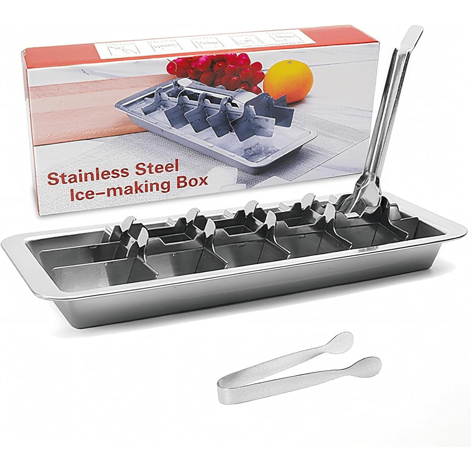 Stainless Steel Ice Cube Trays with Tweezers, Easy-Release Lever Handle, Durable Metal Ice Cube Trays for Freezer, Ideal for ,  & Drinks (1 Pack)