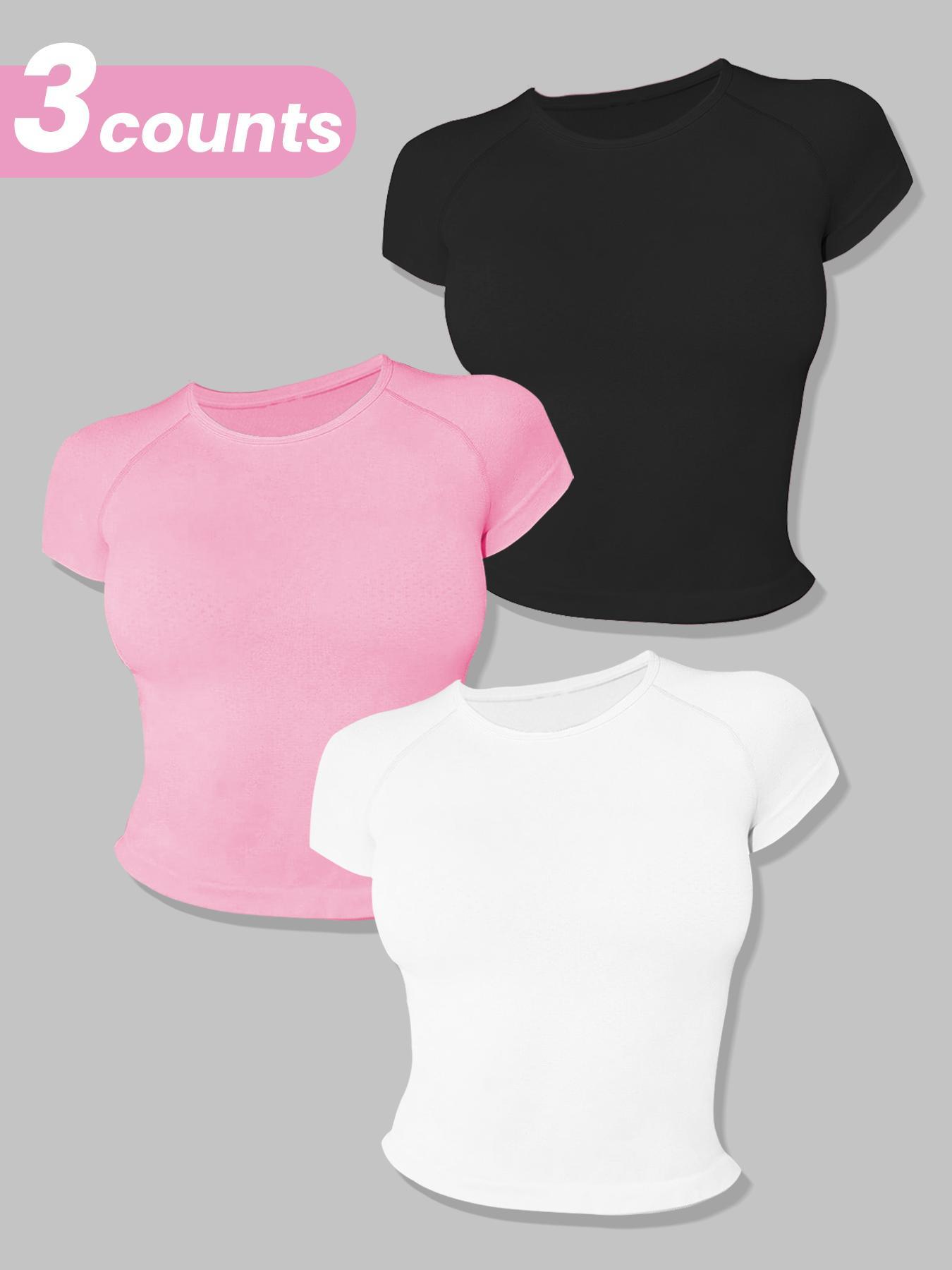 Women's Solid Raglan Sleeve Sports Tee, Workout Tops, Fall Outfits, Casual Comfy Breathable Round Neck T-shirt for Yoga Gym Workout Running, Ladies Sportswear Gym Tops, Activewear, Jersey Top, Workout Clothes Women, Sports Clothing, Fitness Activewear