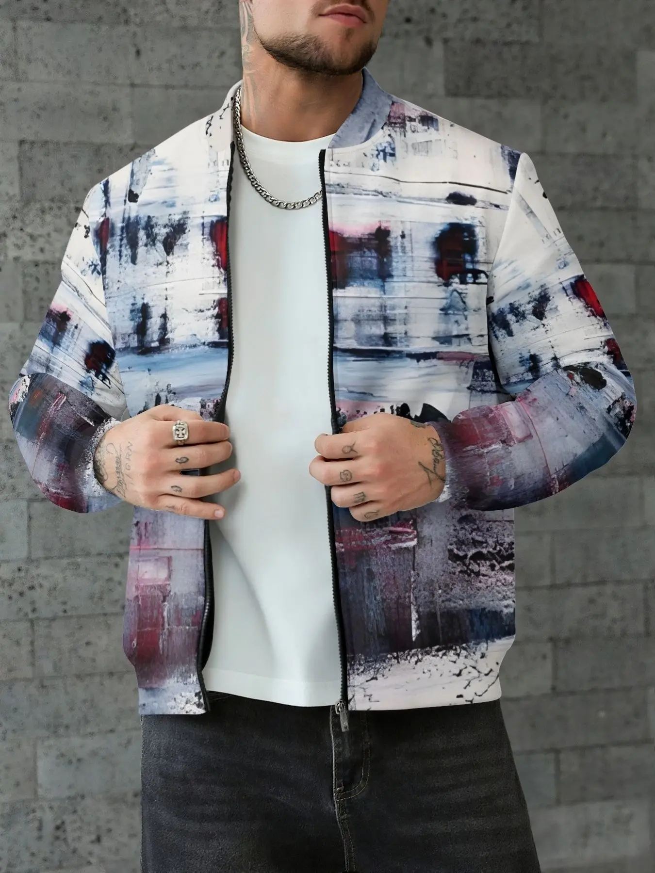 Artistic Baseball Jacket, Fall Winter Atmosphere, Full Print Ink Splatter Coat, Stylish Outerwear for Casual Occasions