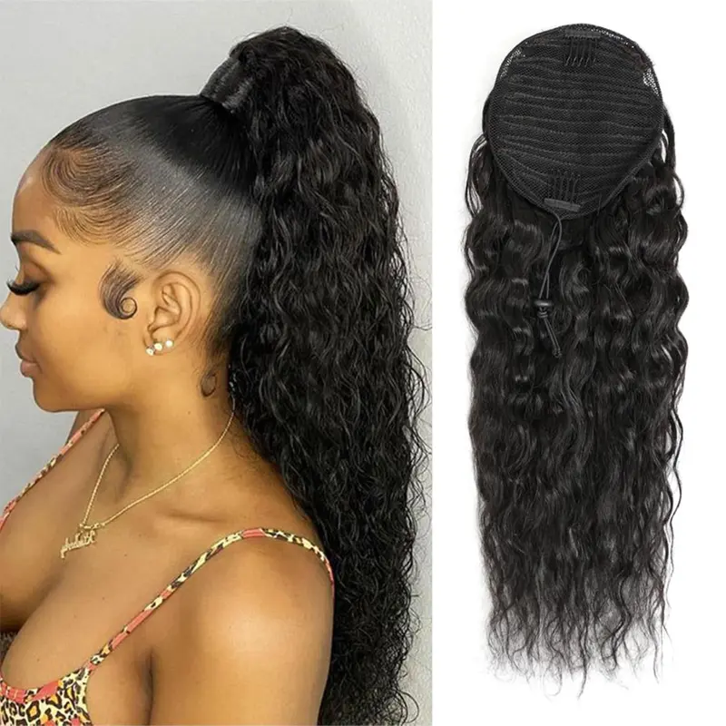 Drawstring Ponytail Extension for Black Women Long Glueless Kinky Curly Pony Tails Curly Ponytails Hair Extensions 20" Fluffy Natural Looking Synthetic Hairpiece Ponytail Hairpieces for Daily Use