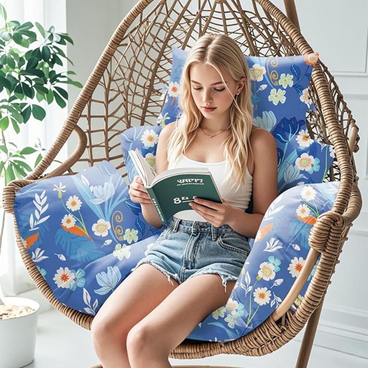 Waterproof Egg Chair Cushion Replacement 47x31.5x4.7 inch Thicken Hanging Egg Swing Chair Cushion Indoor Outdoor Wicker Rattan Hammock Basket Cushion with Headrest Pillow, Blue Peony