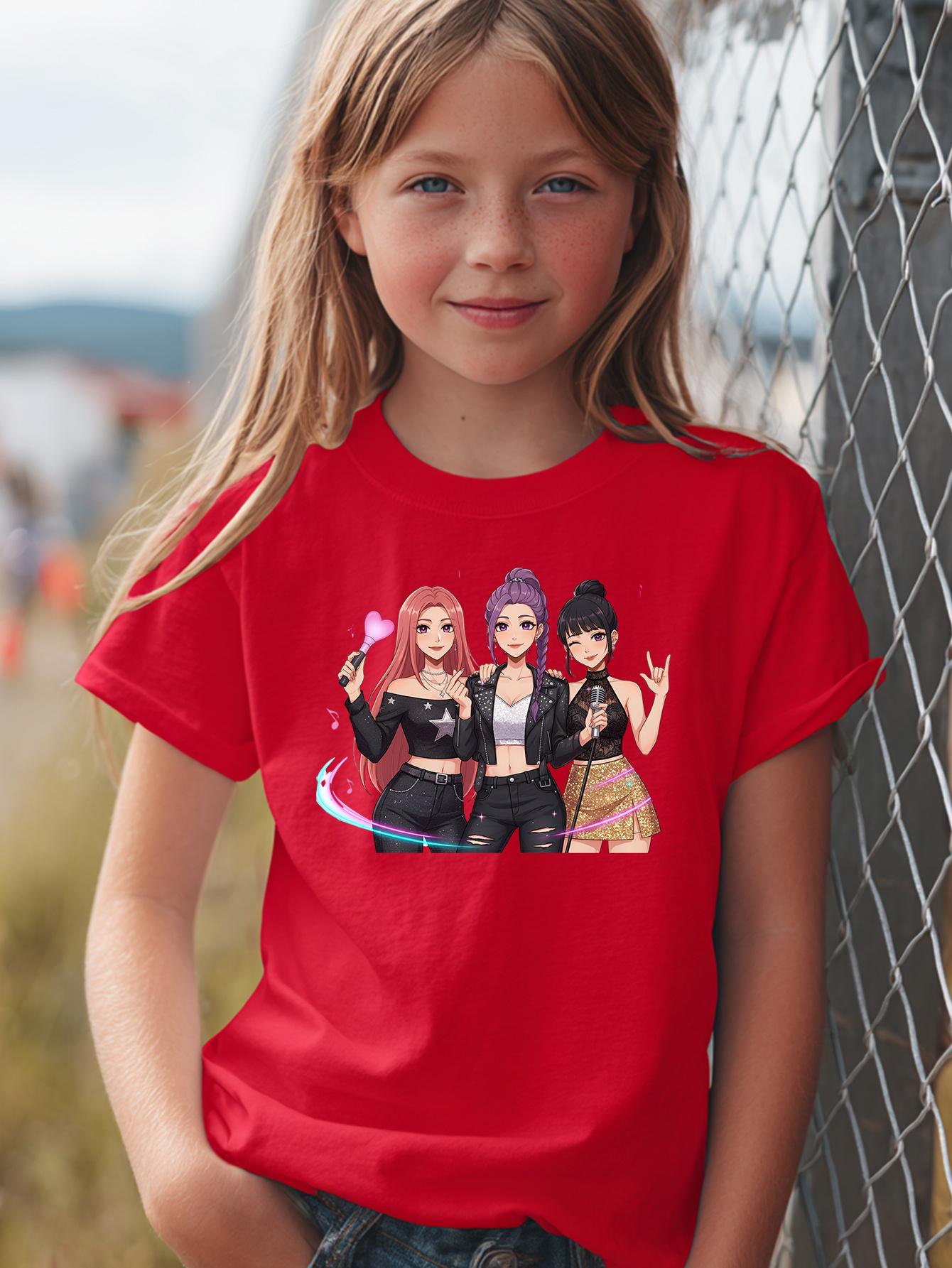 Girls' Fashion Random Print T-Shirt, Comfortable and Soft for Spring/Summer, Party and Spring/Summer T-Shirt, Vacation Holiday Gift, Fun Design, Soft Fabric T-Shirt