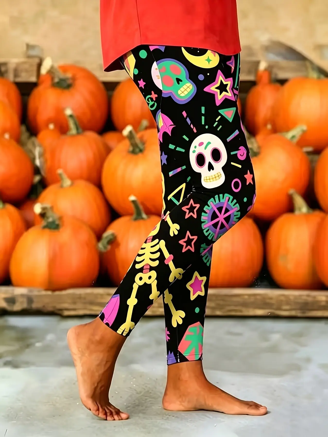 Halloween Women's Outdoor Sporty Casual Pants, High Elasticity Tight Yoga Pants, Colorful Skull Print Long Pants, All Seasons