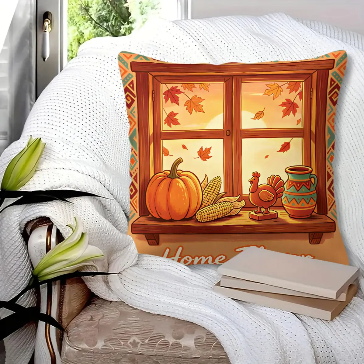 45x45cm 1Pc Thanksgiving Throw Pillow, Turkey Pumpkin Harvest Print, Warm Fall Living Room Decor Cushion With Insert
