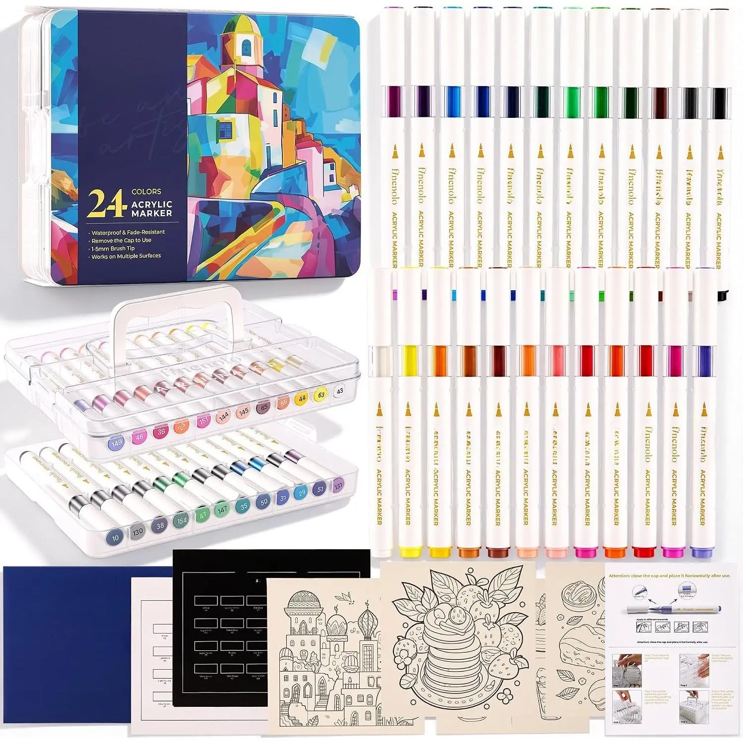 24 Colors Brush Tip Water-Based Markers, Quick-Drying Craft Supplies for Rock Painting, Glass, Ceramic DIY Projects