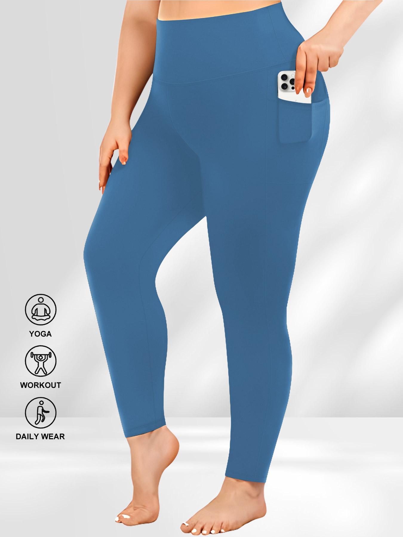 Plus Size Solid High Waist Sports Comfy Gym Workout Leggings with Pocket, Summer Outfits, Casual High Stretch Skinny Pants for Women, Soft Comfortable Women's Bottoms for All Seasons, Stretchy Workout Leggings