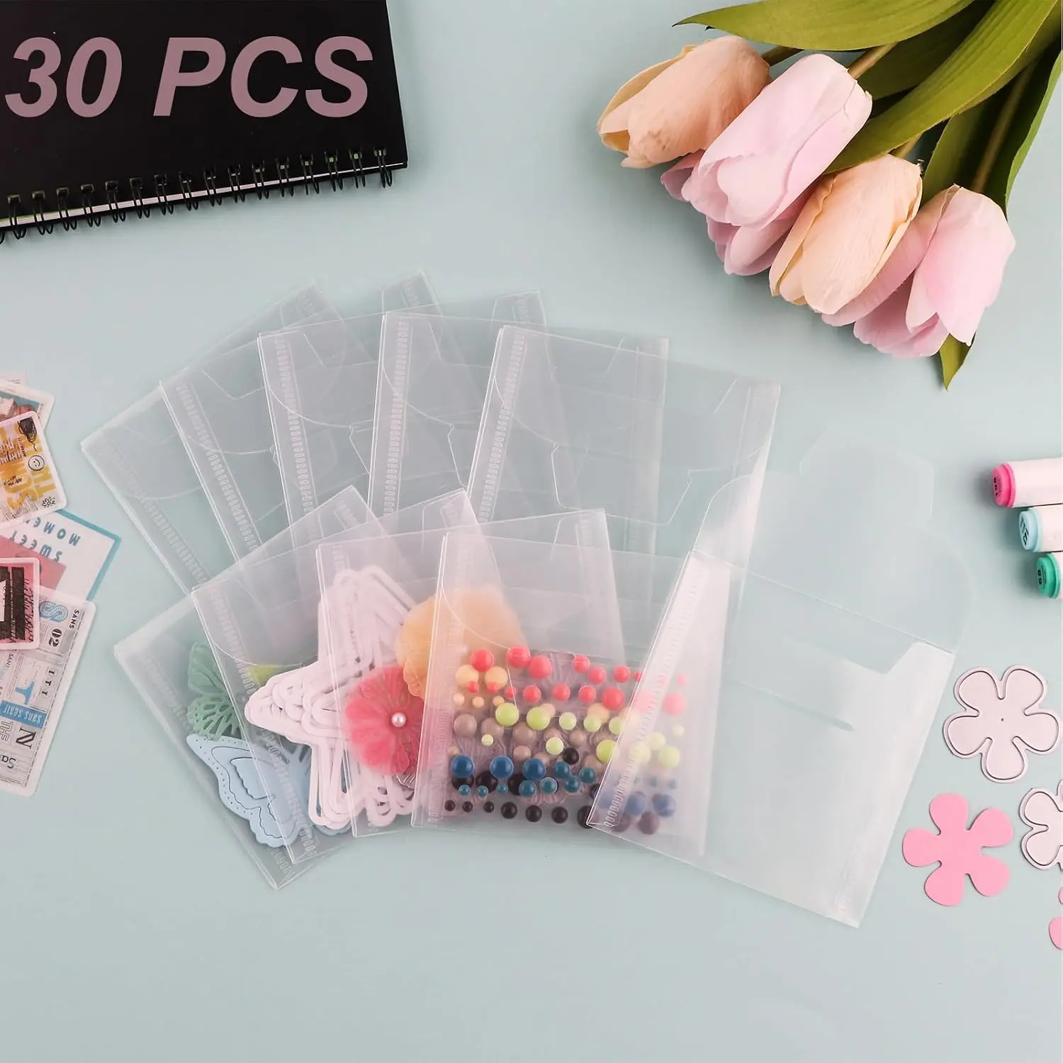 30 count Square Clear  &  Storage Bag Resealable Transparent Plastic Envelopes Pockets for  Dies Stencil Embossing Crafts for DIY Scrapbooking Paper Card Craft Organizer Holder