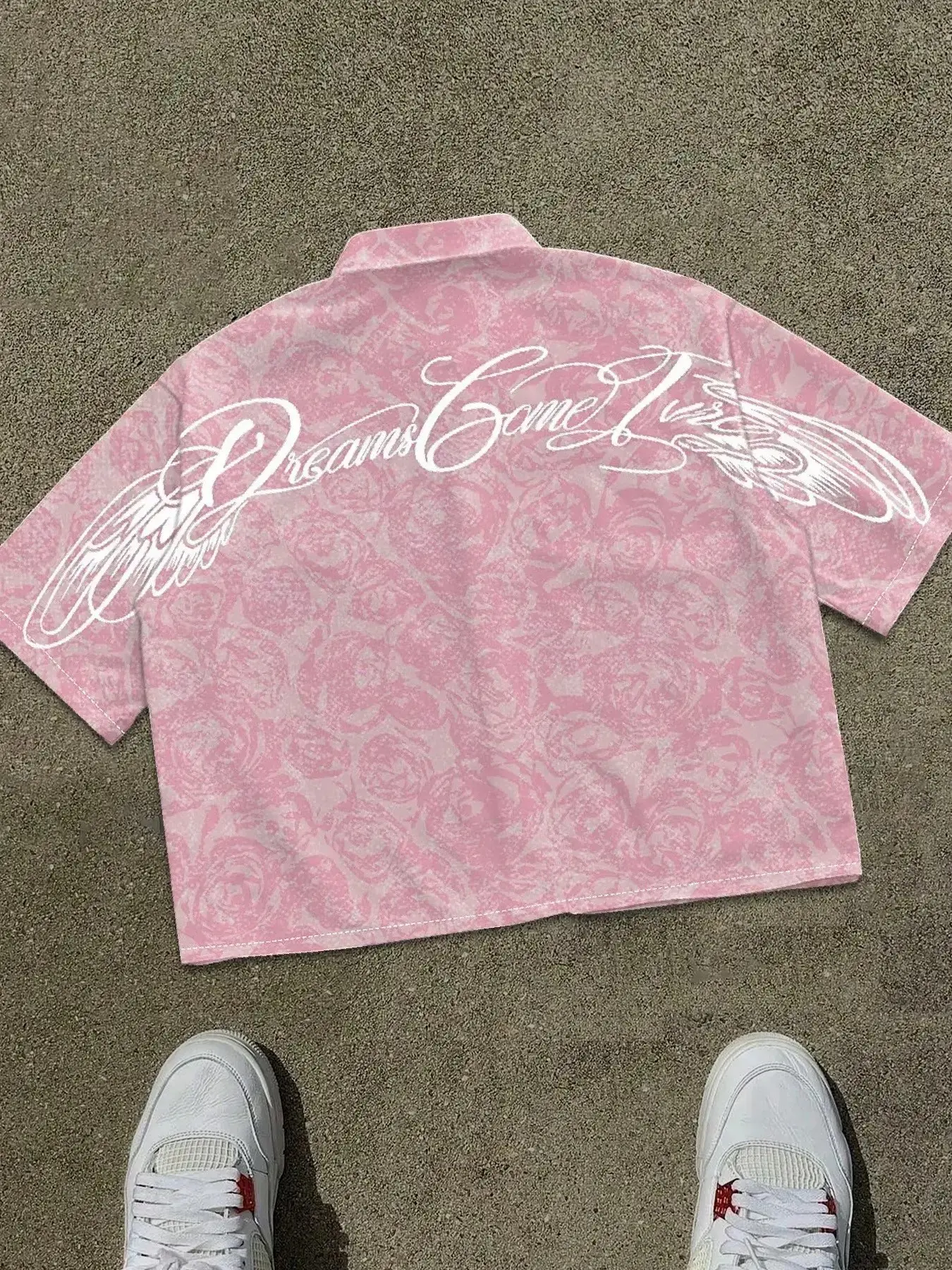 Y2K Millennial Style Rose Print Short Sleeve Shirt for Men, Backside Floral Wing Letter Print, Loose Fit Collared Shirt