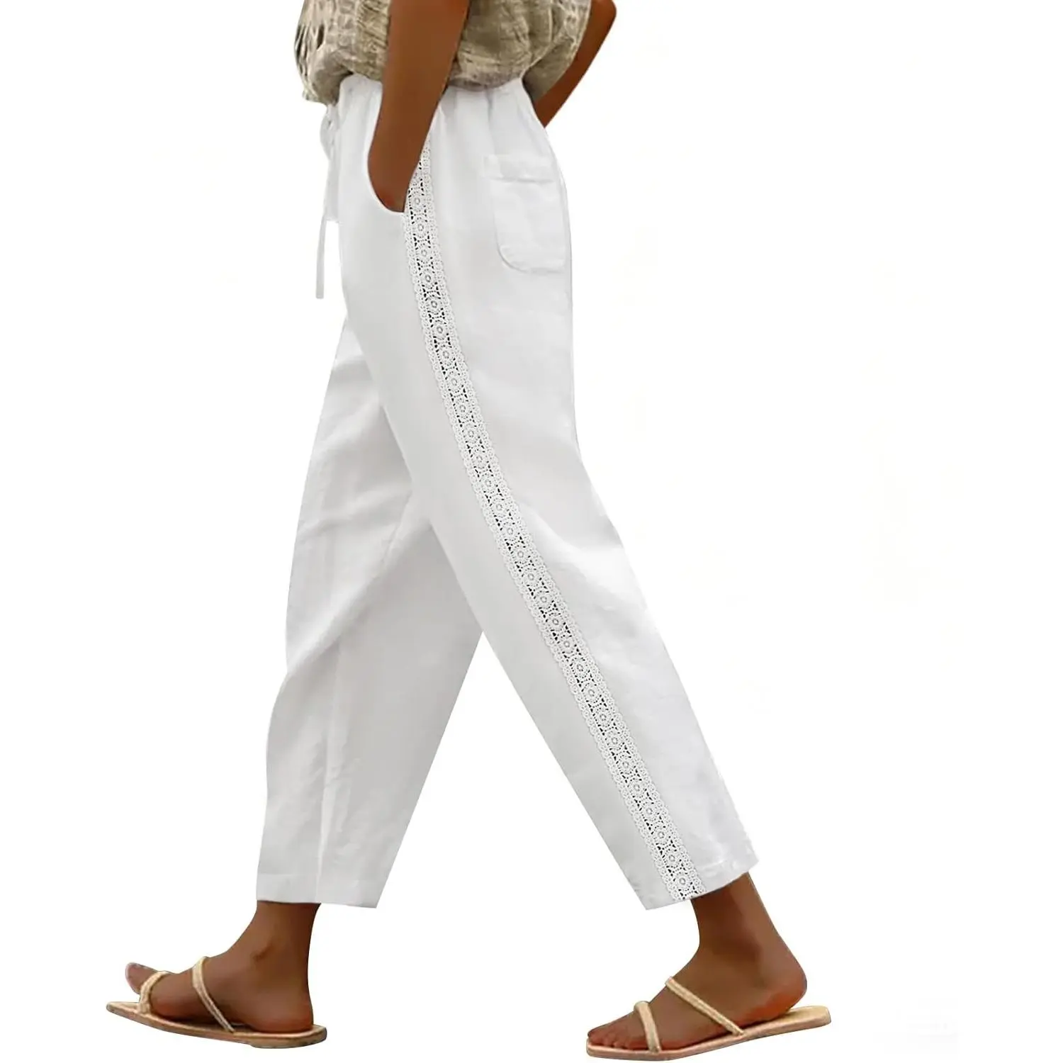 Women's Linen Capri Bottoms, Breathable Summer Casual Beach Trousers with Drawstring Elastic Waist & Lace Side Details
