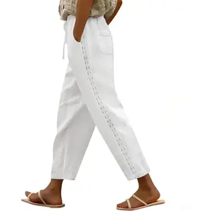 Linen Pants Women Breathable Drawstring Elastic Waist Capri Pants with Lace Side Summer Casual Beach Trousers