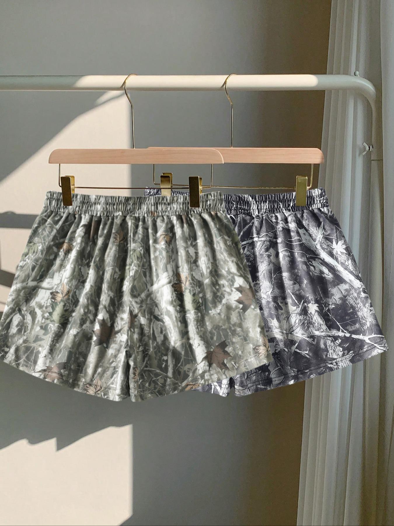 Women's Camo Print Tie Waist Shorts, Casual Comfy Breathable Shorts for Summer, Ladies Bottoms for Daily Wear, Womenswear, Lightweight Printed Shorts, Drawstring Shorts