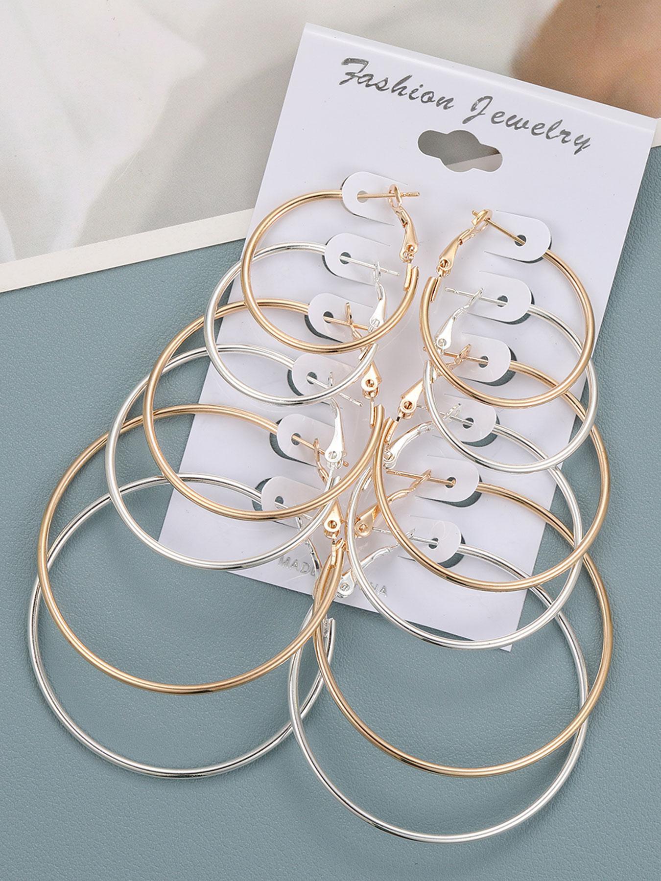 6 Pairs Mixed Size Simple Plain Round Design Hoop Earrings, Elegant Minimalist Earrings, Elegant All-match Jewelry for Girls Gift, Casual Versatile Party Accessories for Women