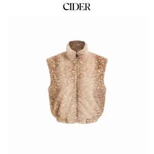 Cider Deer Print Faux Fur Funnel Neck Zip Through Jacket Vest Dealsforyou