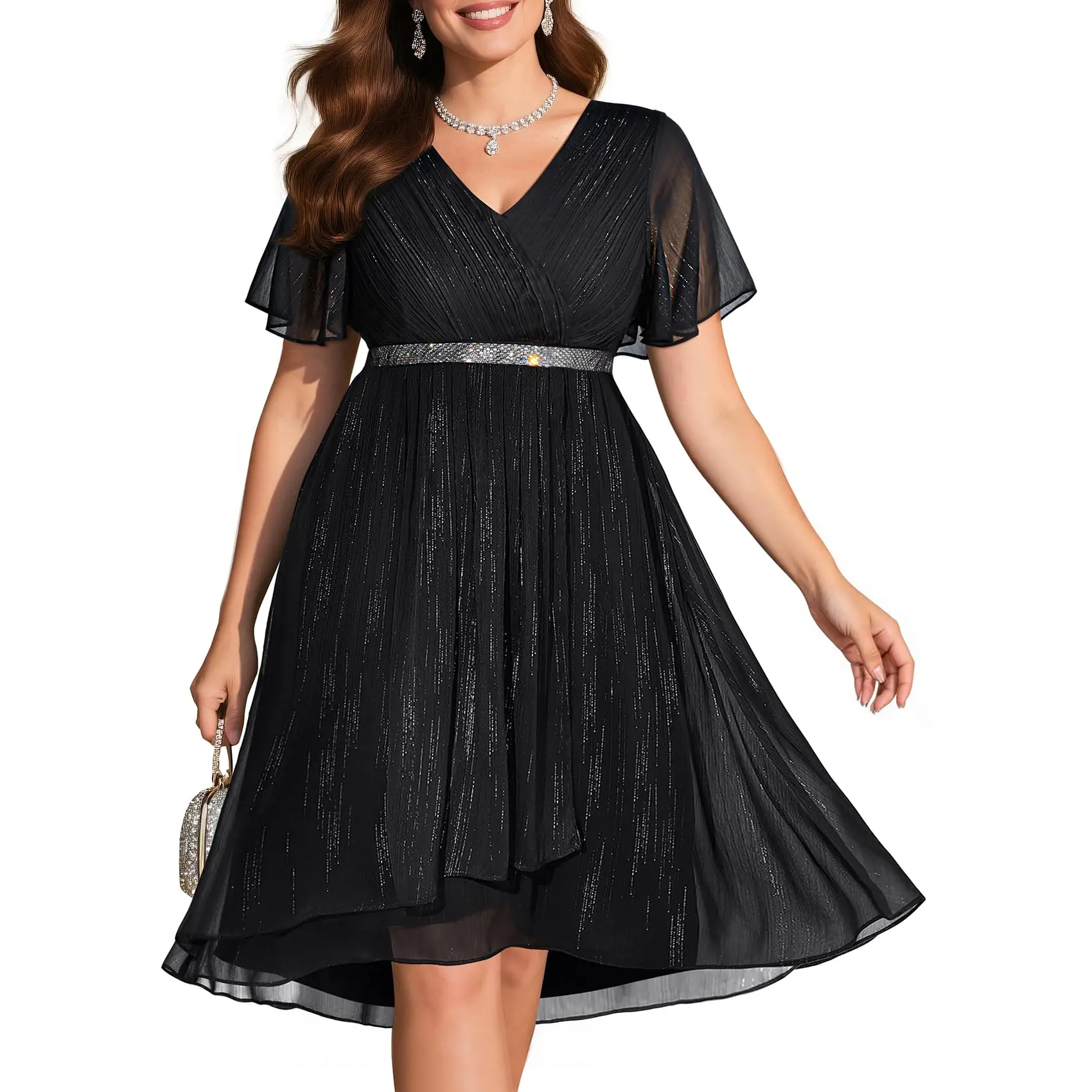 Pinup Fashion Women Plus Size Cocktail Dress - Formal Wedding Guest High Low Pleated Wrap V Neck Dresses 2026