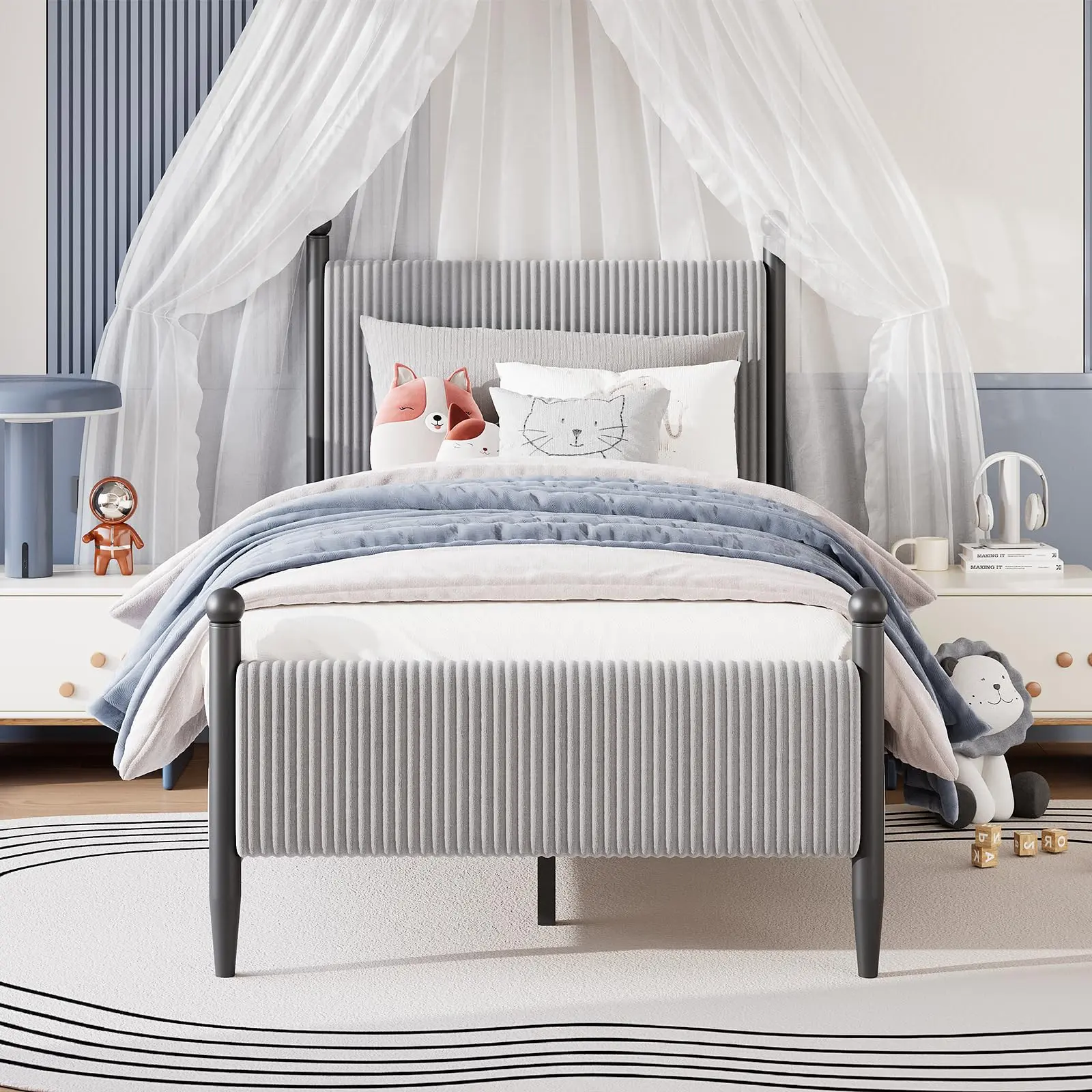 Garvee - Single Size Bed Frame with Vertical Stripe Headboard, Classic Velvet Upholstered Bed Frame with Metal Legs, No Box Spring Needed, Easy Assembly, Gray