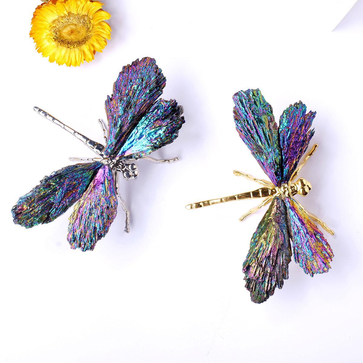 Natural Crystal Stone Electroplating Colorful Tourmaline Flame Feather, 1 Count DIY Dragonfly Animal Divination Decoration, Home Decoration, Crystal Butterfly