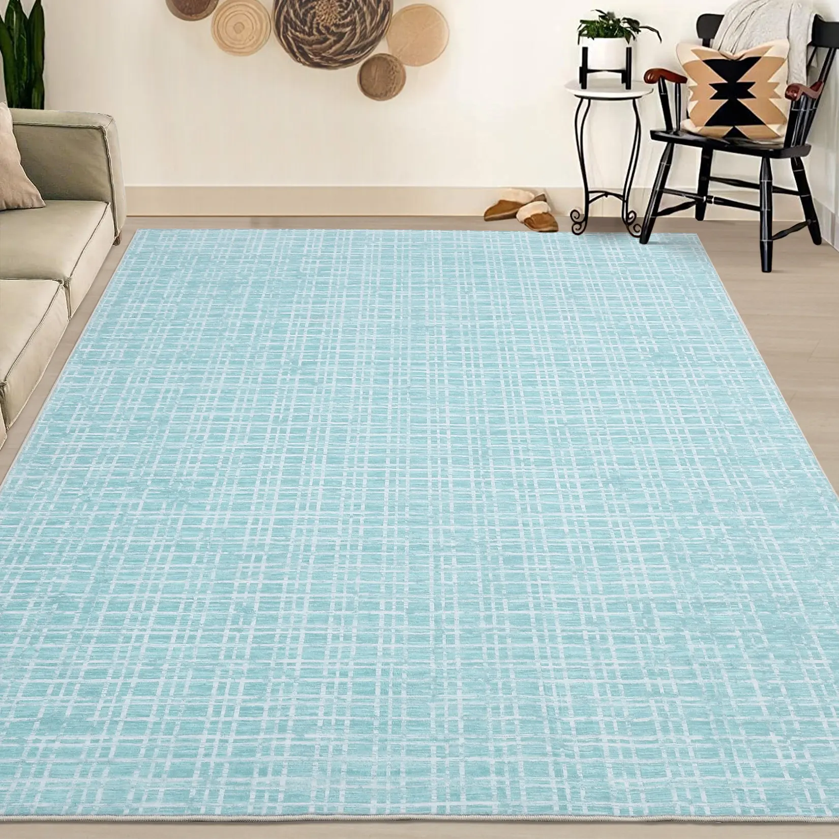 Modern Plaid Runner Rug - Washable, Low Pile, Non-Slip Faux Wool Carpet, Soft & Collapsible, Contemporary Area Rug for Hallway, Kitchen, Bedroom, Living Room, Nursery, Office