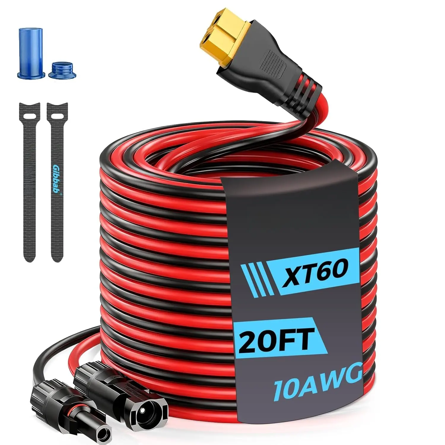 20FT 10AWG Pure Copper Solar Cable XT60 Solar Panel to XT60 Charge Extension Adapter, 5.26mm², 25+ Year Lifespan, Low Contact Resistance, High Current, Caps, Wire Ties for LiFePO4 RV Portable Power Station Insulation, Parallel Wires