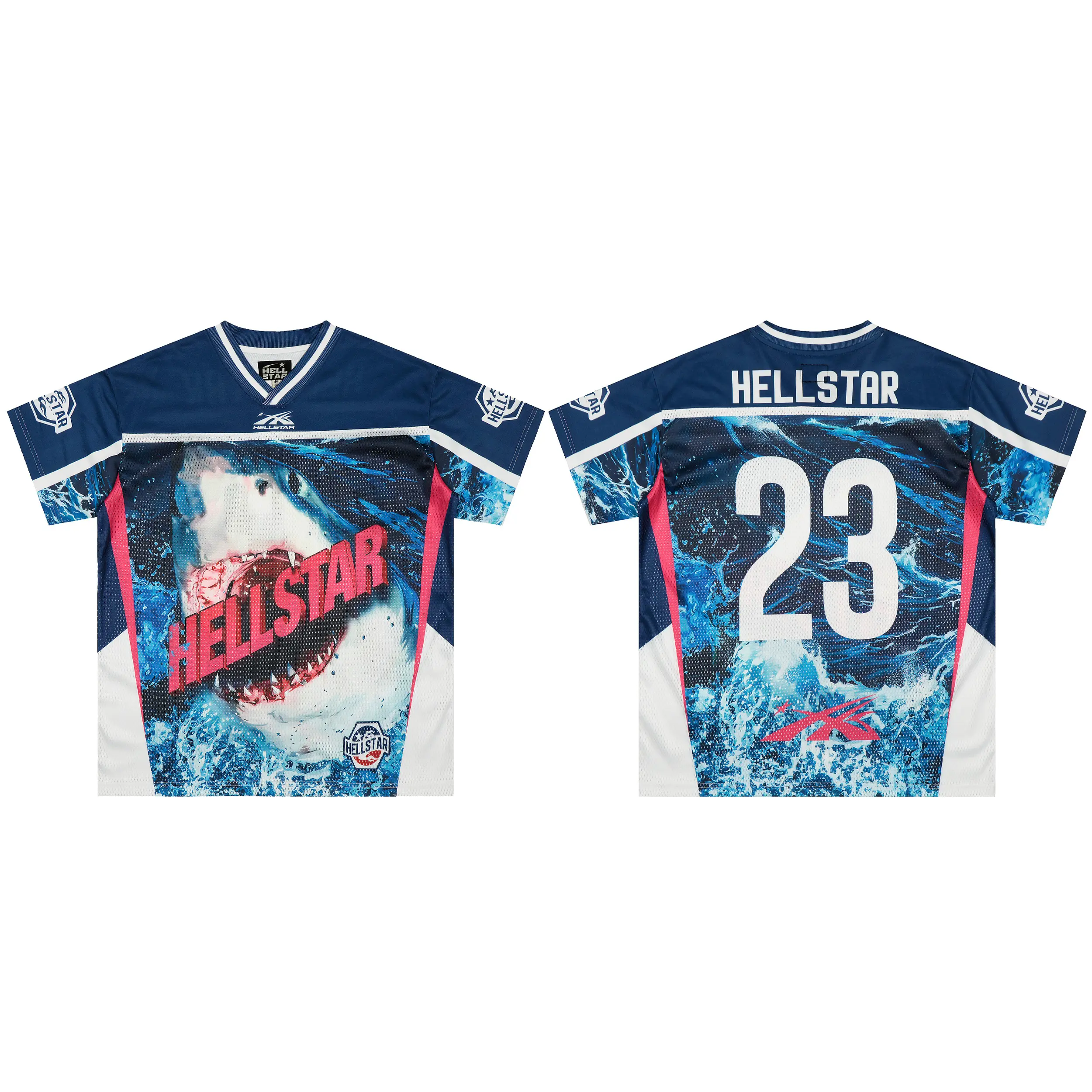 Hellstar Unisex Mesh Sports T-Shirt - Navy Blue V-Neck Short-Sleeve, Front Great White Shark Graphic, Back 23 HELLSTAR Print, Streetwear Football Top for Men/Women Daily Hip-Hop Casual Outfits
