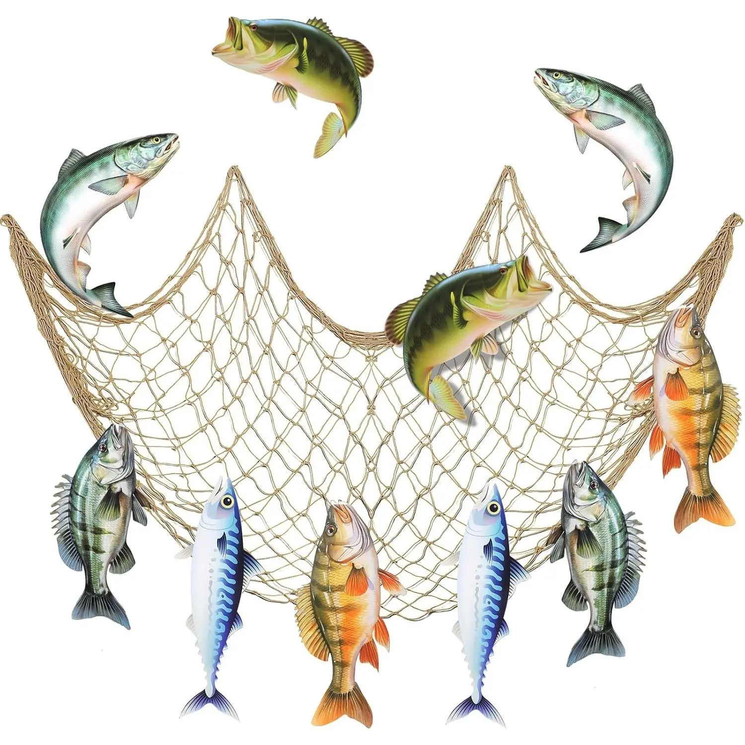 11 Pcs Gone Fishing Party Decorations Birthday Net Fish Cutouts | Fishing Theme with Net and Colorful Fish Cardstock , Indoor Outdoor Table Decor, Sea Animal Photo Booth Props