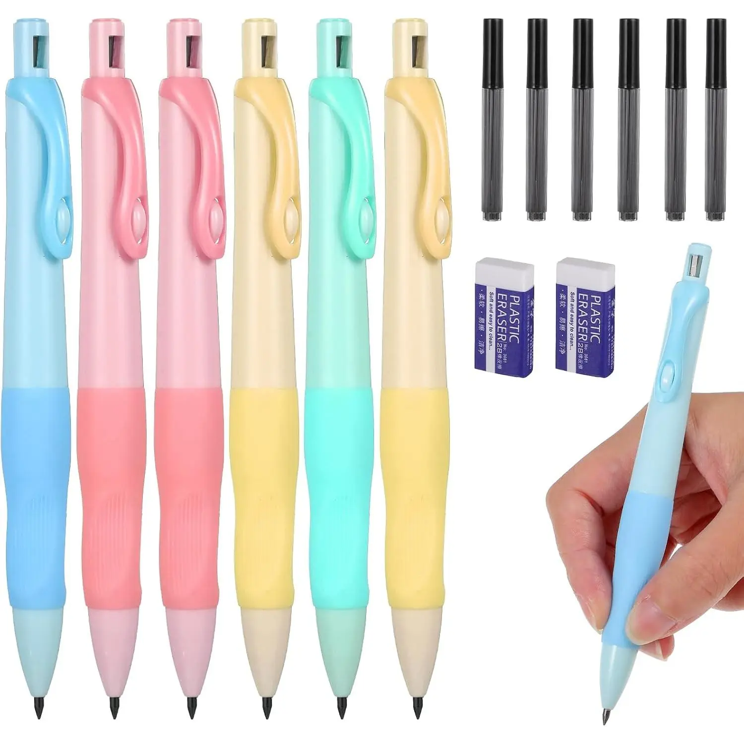 Mechanical Pencils Thick Pencils with Comfort  Grip, Aesthetic Supplies with 6 Leads Refills, 2 count Erasers - 6 count Colorful 2.0MM Pencil for Writing & Drawing