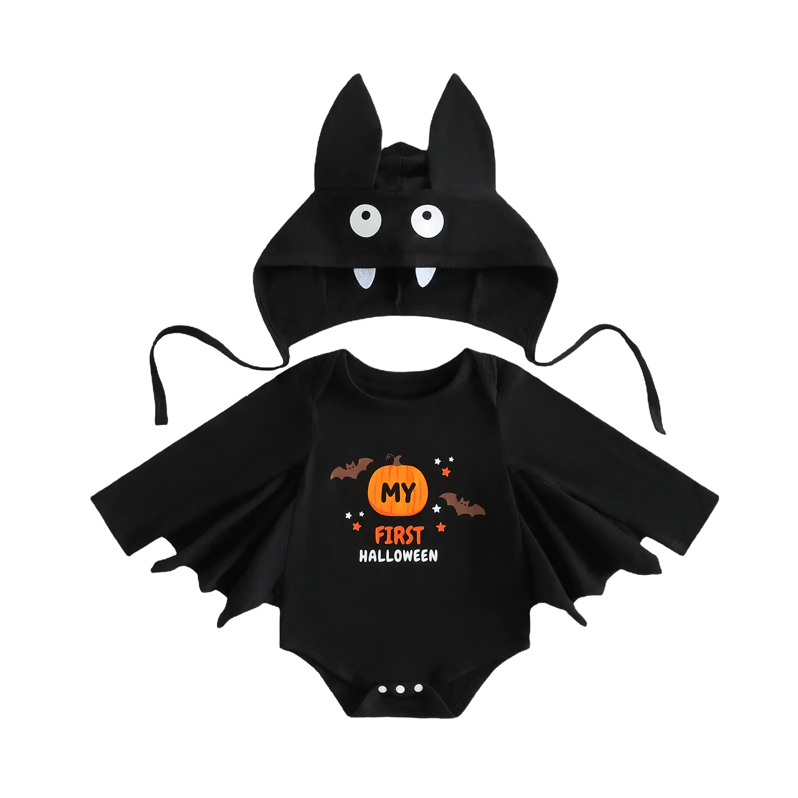 Meihuida Newborn Baby Boy My First Halloween Outfit Long Sleeve Bat Wing Bodysuit Matching Bat Ear Hat Infant Bat Cosplay Costume Set 0-18M