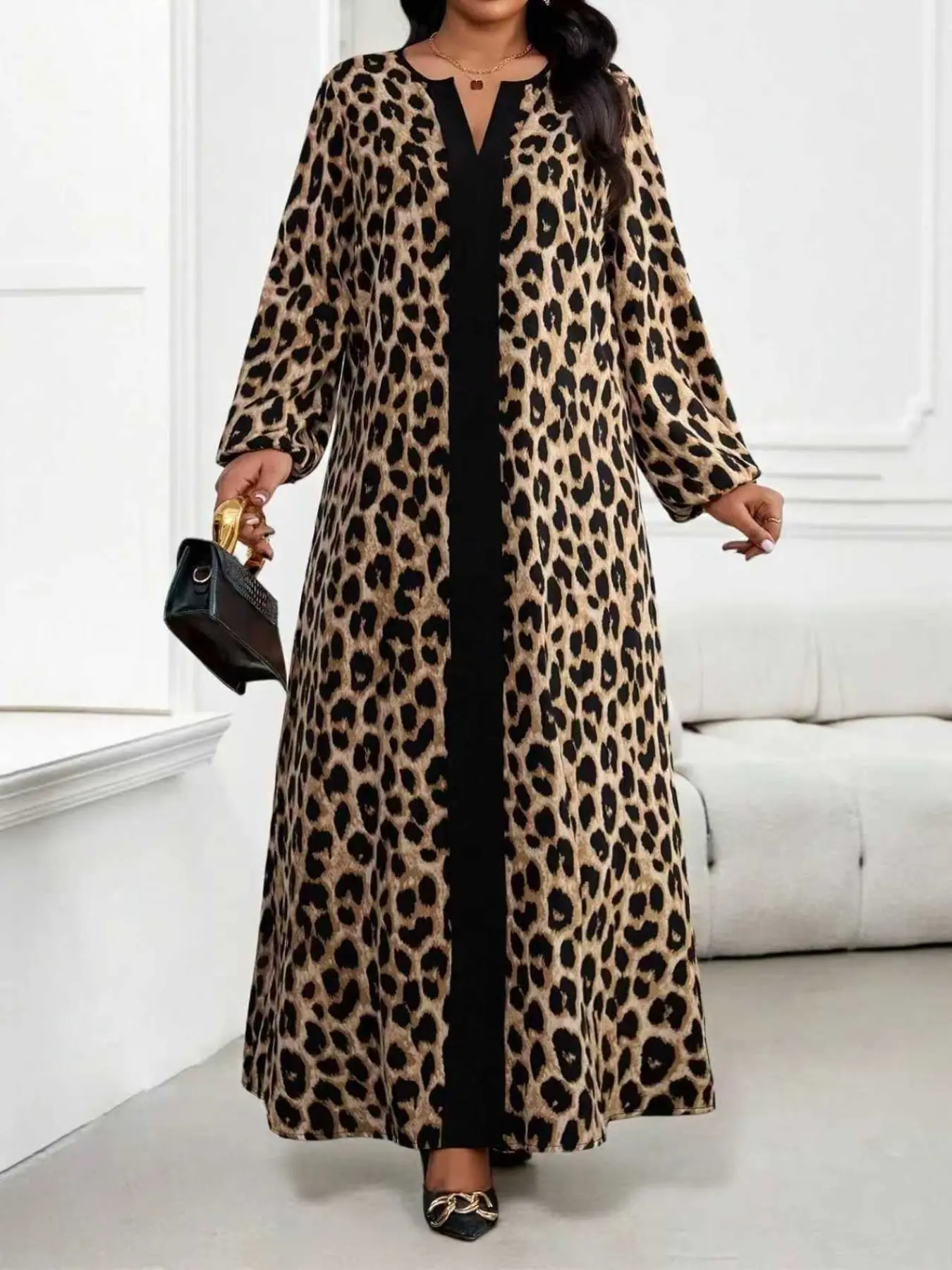 Women's Plus Size Casual Fit V-Neck Long Sleeve Leopard Patchwork Print Dress, Elegant Chic Arabic Style, Perfect for Spring Summer, Bohemian Daily Wear, Boho Style Womenswear, Womenswear