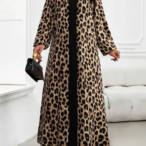 Women's Plus Size Casual Fit V-Neck Long Sleeve Leopard Patchwork Print Dress, Elegant Chic Arabic Style, Perfect for Spring Summer, Bohemian Daily Wear, Boho Fashion Dress, Boho Style Womenswear, Womenswear