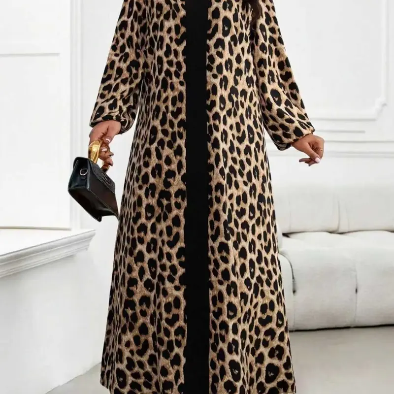 Women's Plus Size Casual Fit V-Neck Long Sleeve Leopard Patchwork Print Dress, Elegant Chic Arabic Style, Perfect for Spring Summer, Bohemian Daily Wear, Boho Fashion Dress, Boho Style Womenswear, Womenswear