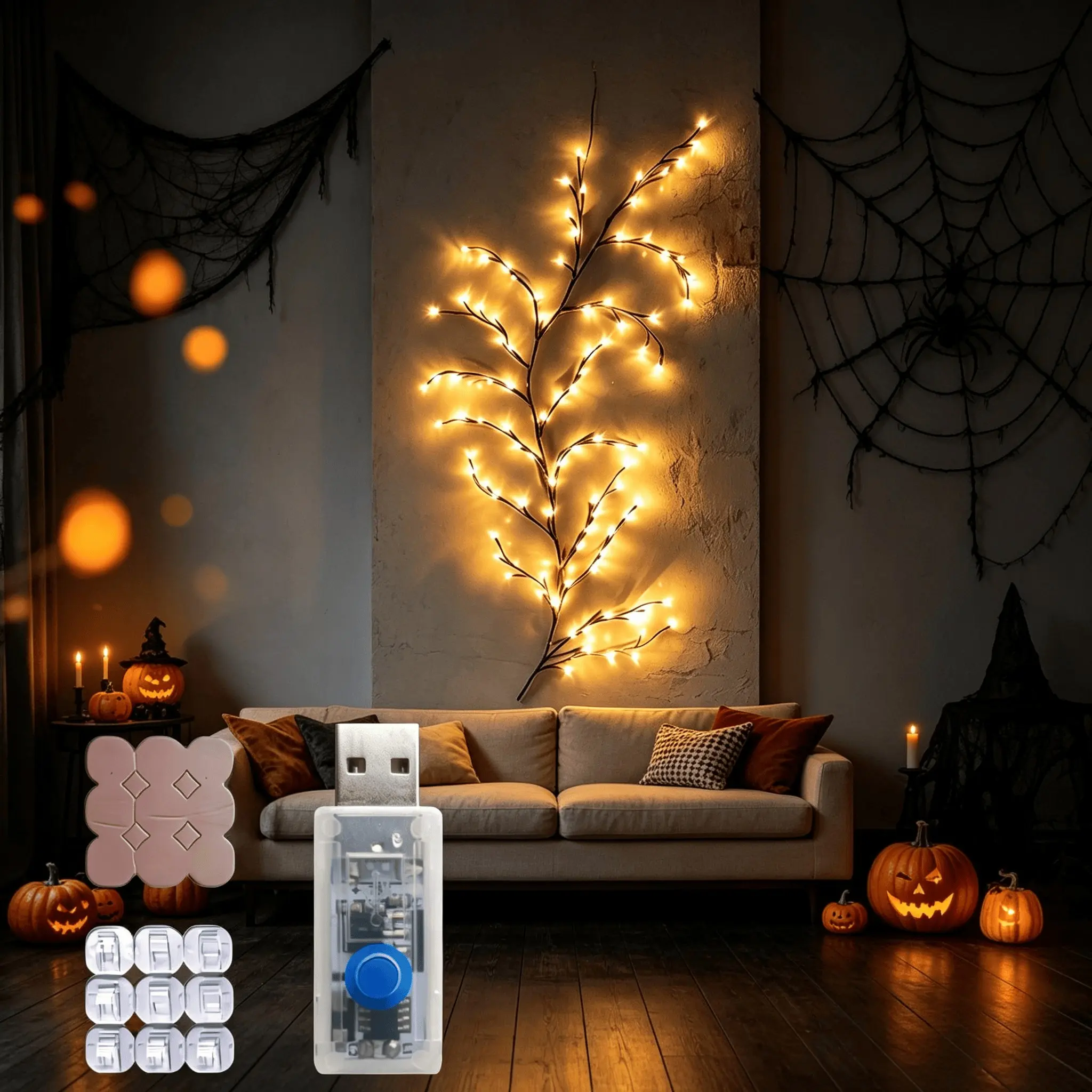 96leds Indoor Tree Light String, Flexible Branch Lamp for Wall Corner Fireplace Window Living Room Decor, Christmas Halloween Atmosphere, USB Powered